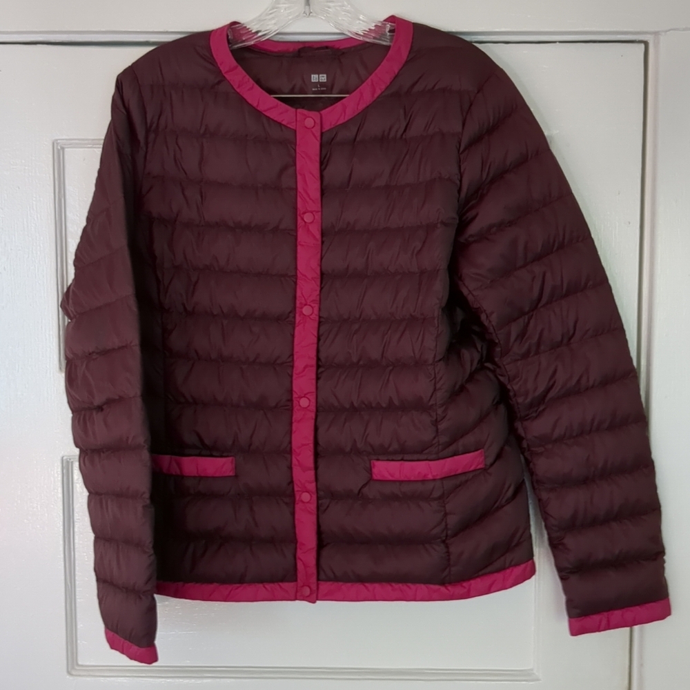 Uniqlo Ultra Light Down Snap Jacket Brown Pink Large Two Toned